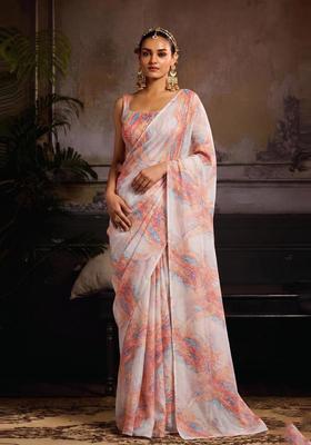 Off-White Printed Organza Pre Draped Saree Set