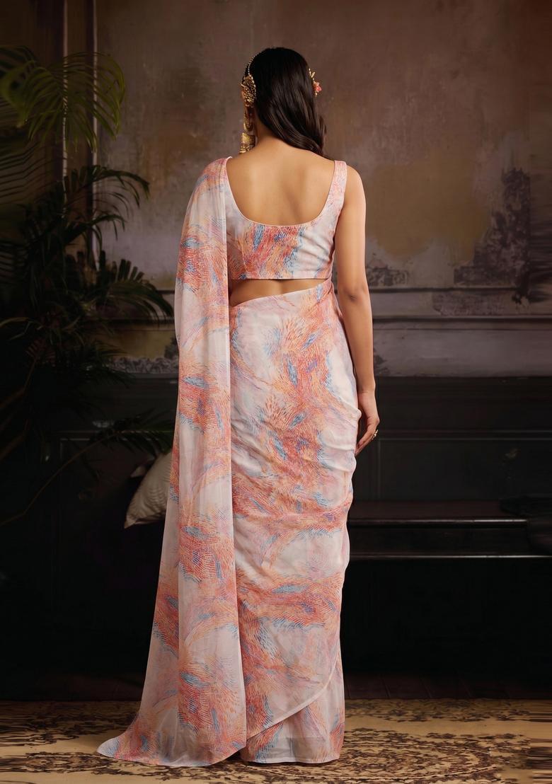 Off-White Printed Organza Pre Draped Saree Set - Indya