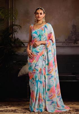 Blue Printed Organza Pre Draped Saree Set