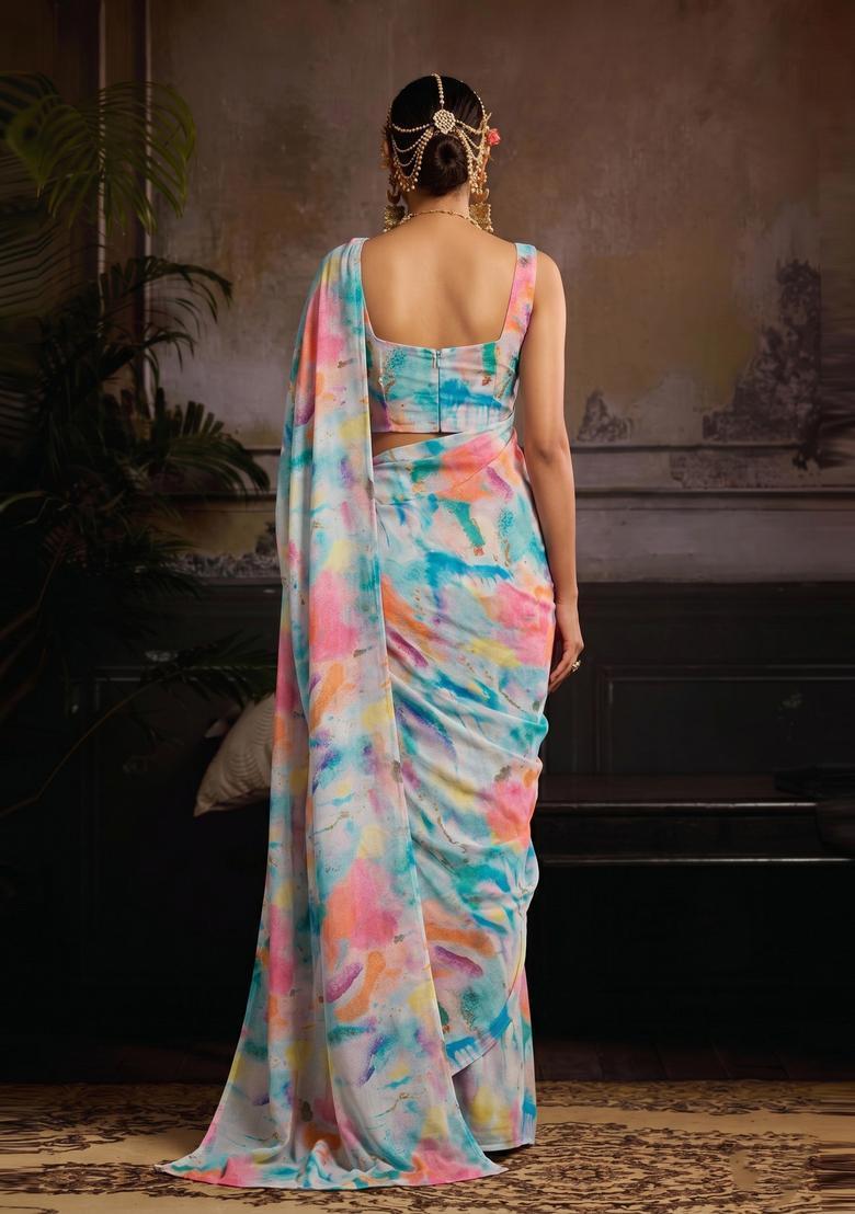 Blue Printed Organza Pre Draped Saree Set - Indya