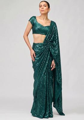 Emerald Green Sequin Georgette Pre Draped Saree Set