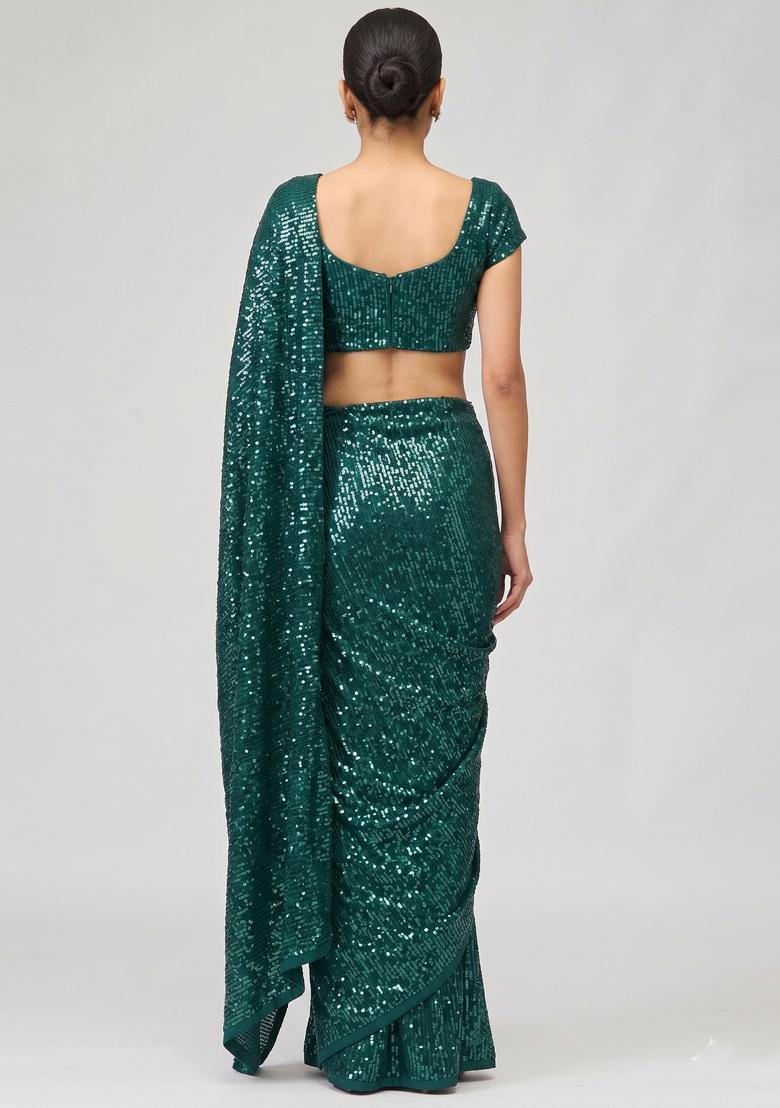 Emerald Green Sequin Georgette Pre Draped Saree Set - Indya