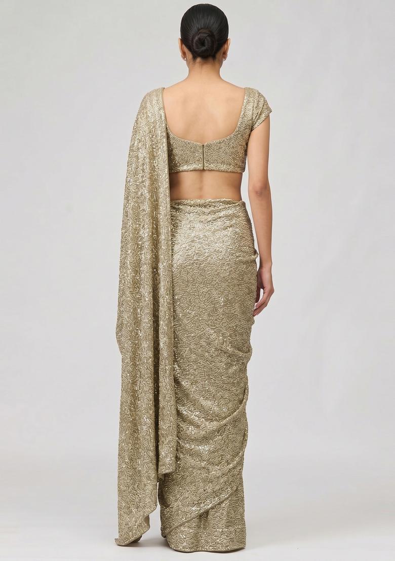 Metallic Gold Sequin Georgette Pre Draped Saree Set - Indya