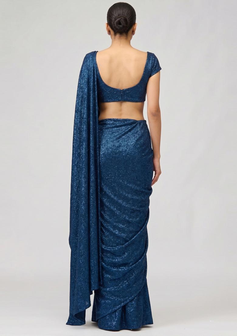 Navy Blue Sequin Georgette Pre Draped Saree Set - Indya