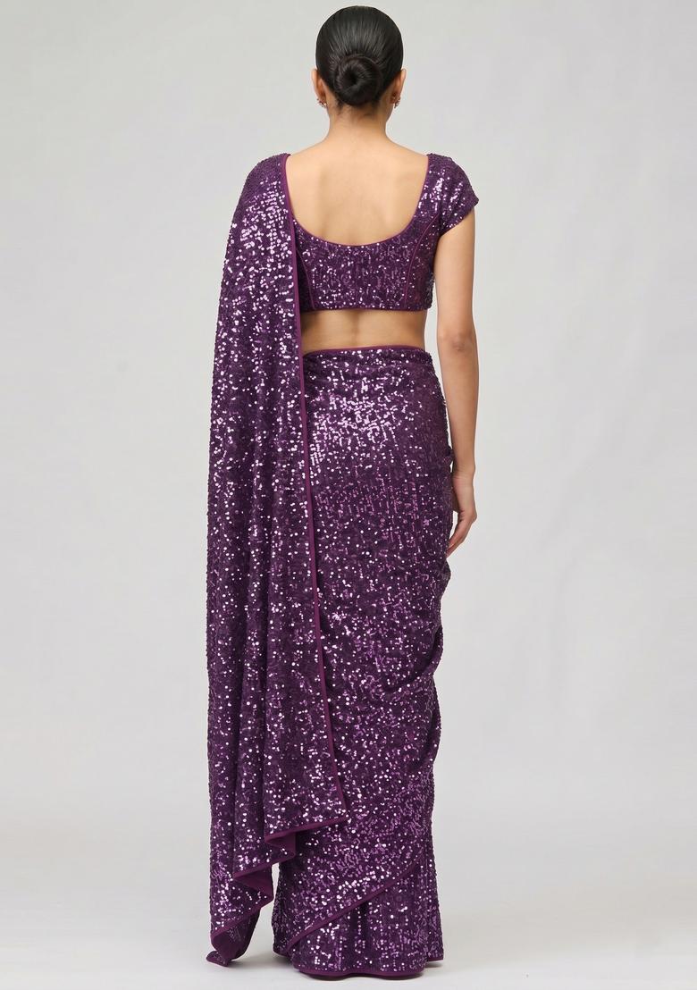 Deep Purple Sequin Georgette Pre Draped Saree Set - Indya
