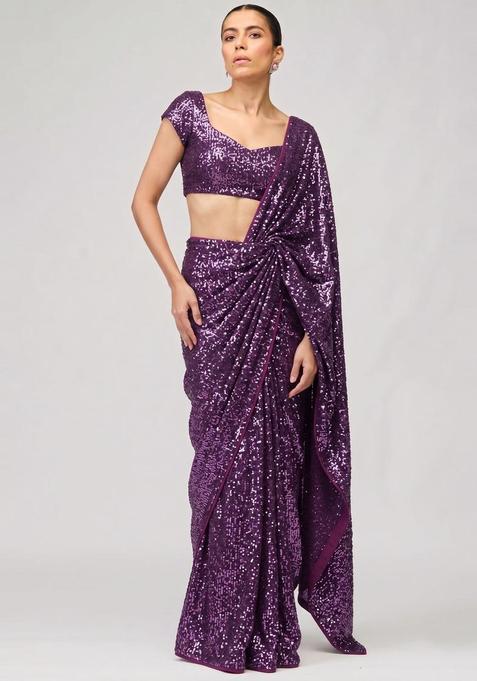 Deep Purple Sequin Georgette Pre Draped Saree Set