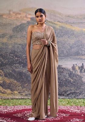 Light Brown Mirror Work Silk Blend Pre Draped Saree Set