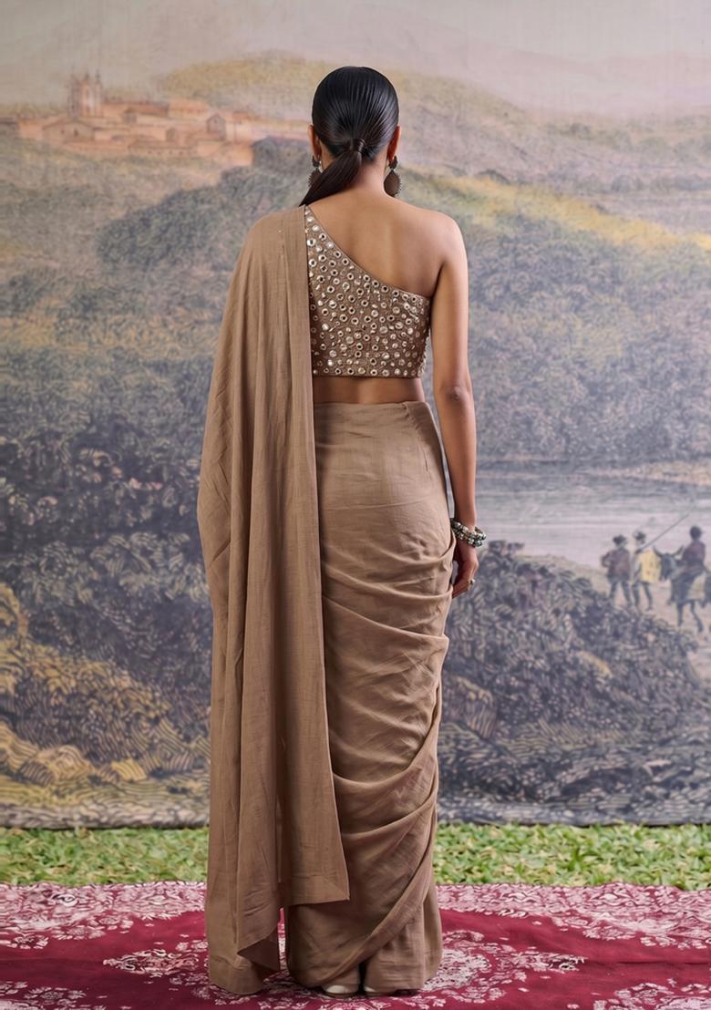 Light Brown Mirror Work Silk Blend Pre Draped Saree Set - Indya