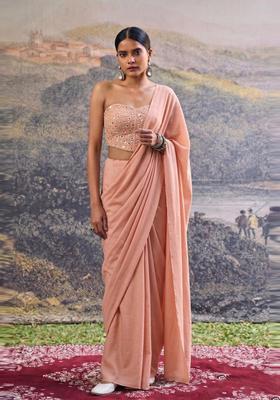 Pastel Peach Mirror Work Silk Blend Pre Draped Saree Set