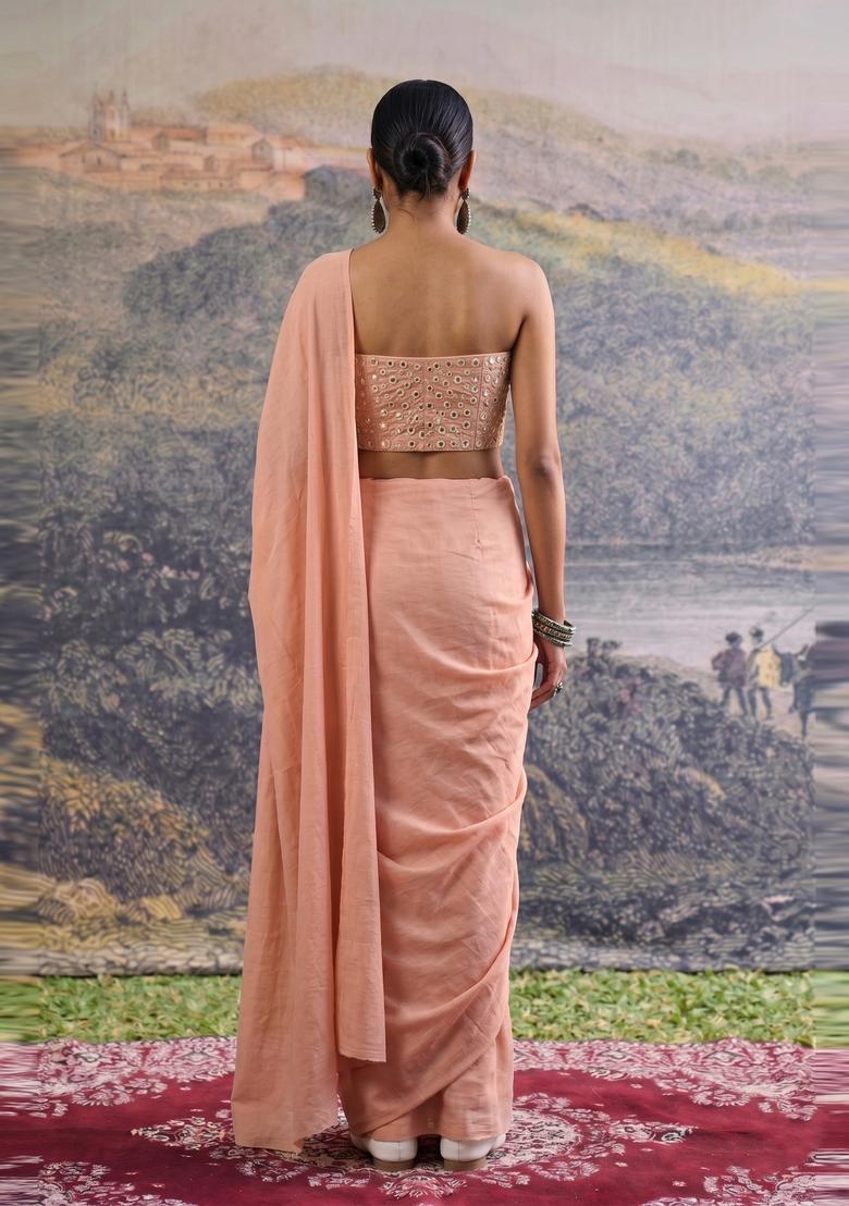 Pastel Peach Mirror Work Silk Blend Pre Draped Saree Set - Indya