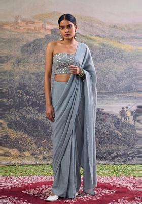 Light Grey Mirror Work Silk Blend Pre Draped Saree Set