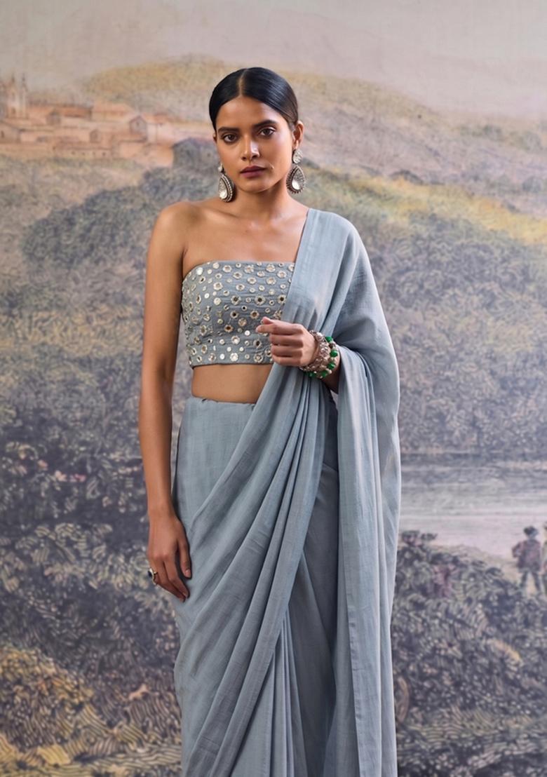 Light Grey Mirror Work Silk Blend Pre Draped Saree Set - Indya