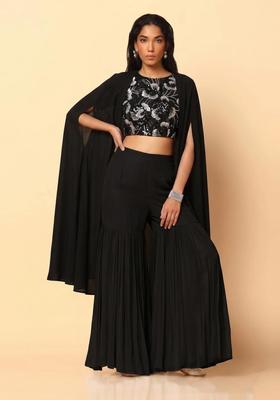 Black Embroidered Net Fusion Set