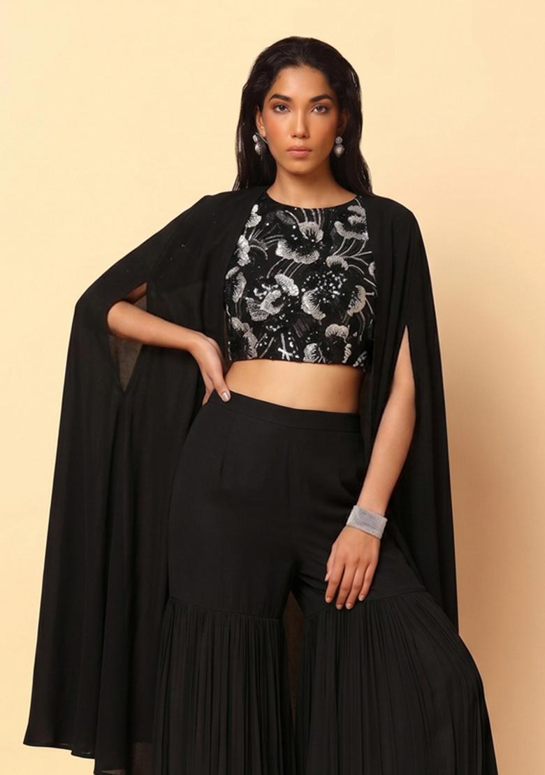 Black Embroidered Net Fusion Set - Indya