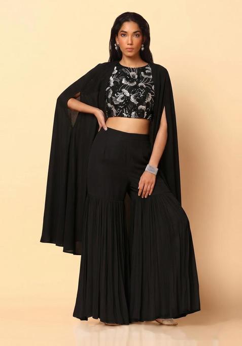 Black Embroidered Net Fusion Set