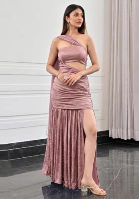 Dusty Pink Textured Satin Pre Draped Saree Set