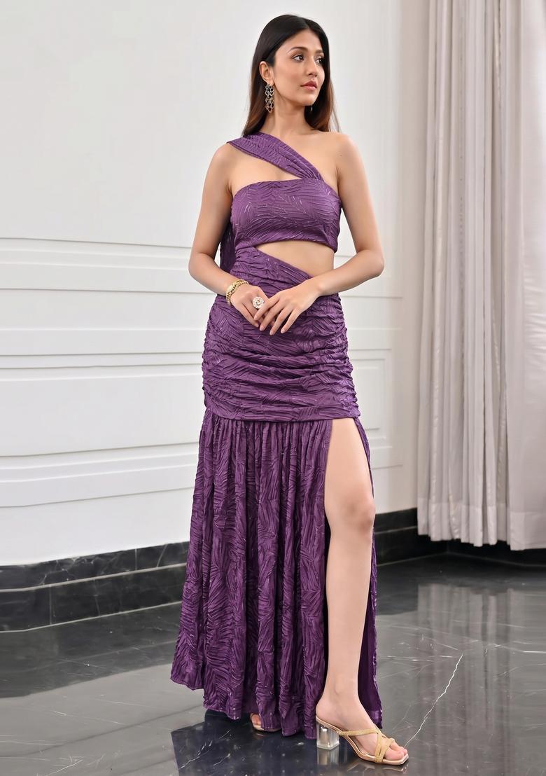 Deep Purple Textured Satin Fusion Set - Indya