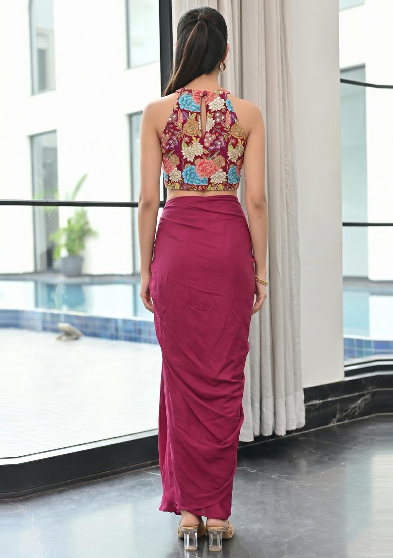 Wine Printed Crepe Fusion Set - Indya