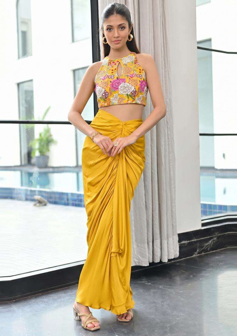 Mustard Yellow Printed Crepe Fusion Set - Indya