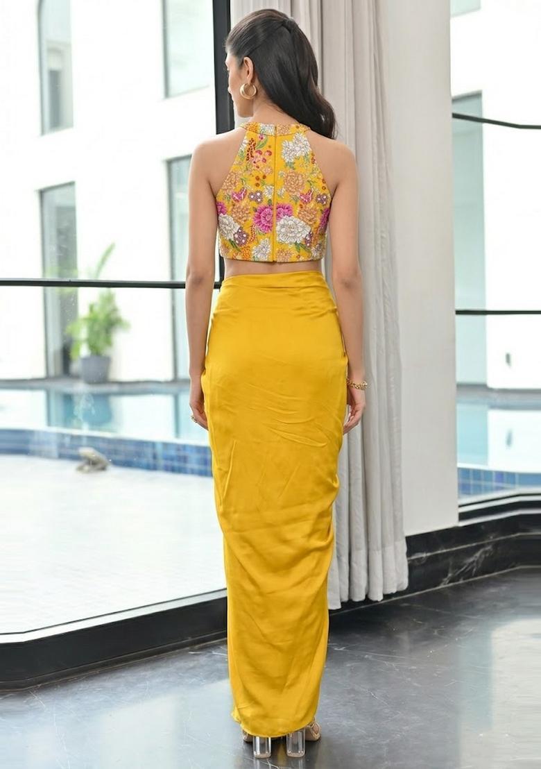 Mustard Yellow Printed Crepe Fusion Set - Indya