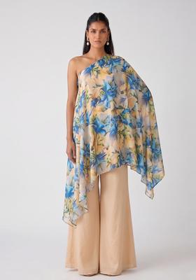 Beige Printed Organza Fusion Set