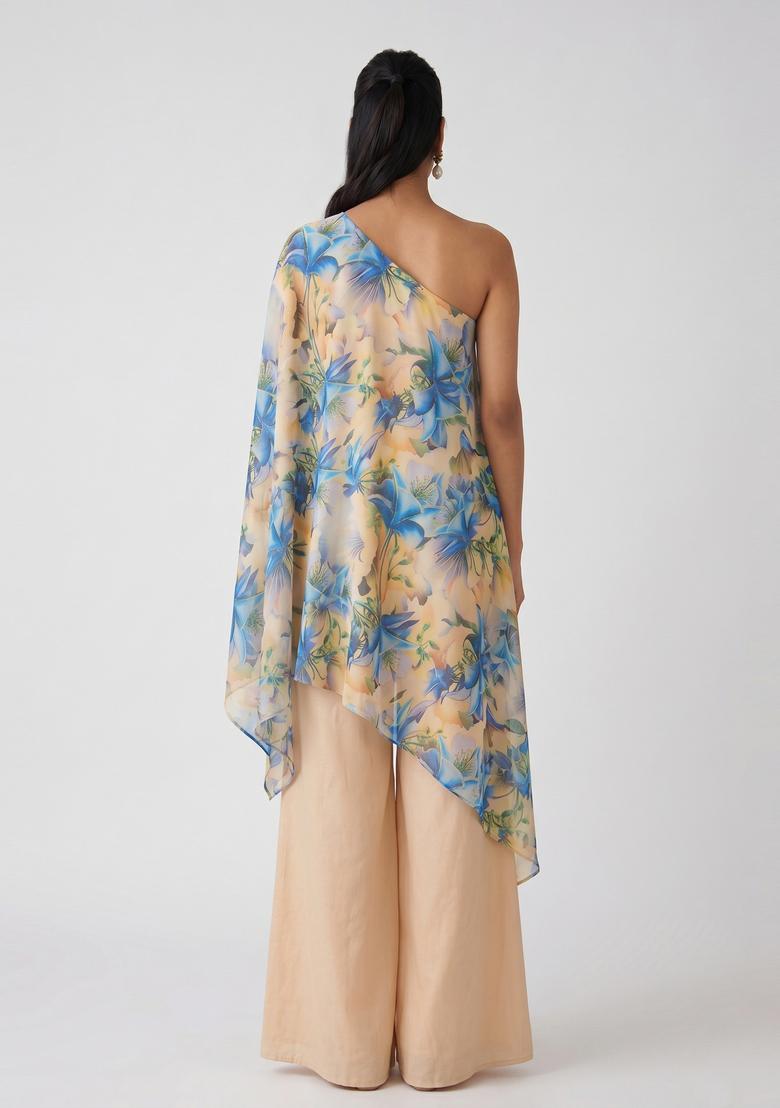 Beige Printed Organza Fusion Set - Indya
