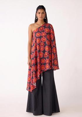 Charcoal Grey Printed Organza Fusion Set