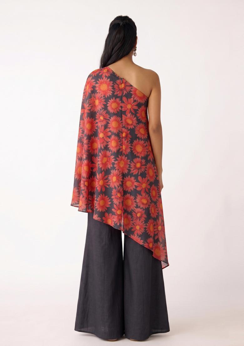 Charcoal Grey Printed Organza Fusion Set - Indya