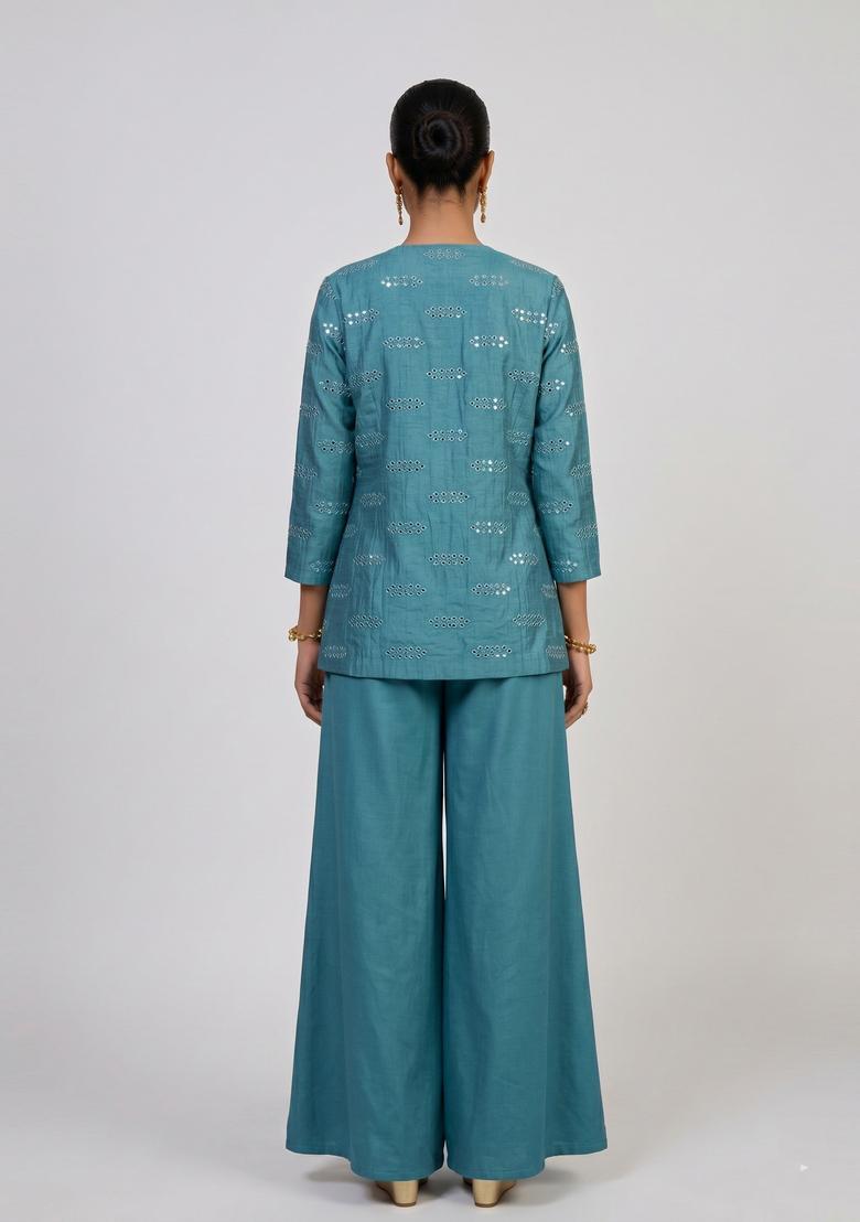 Teal Blue Embroidered Silk Blend Fusion Set - Indya