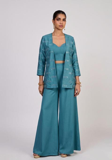 Teal Blue Embroidered Silk Blend Fusion Set