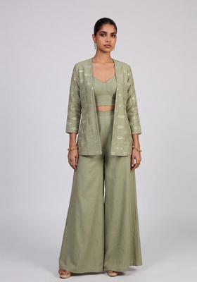Sage Green Embroidered Silk Blend Fusion Set