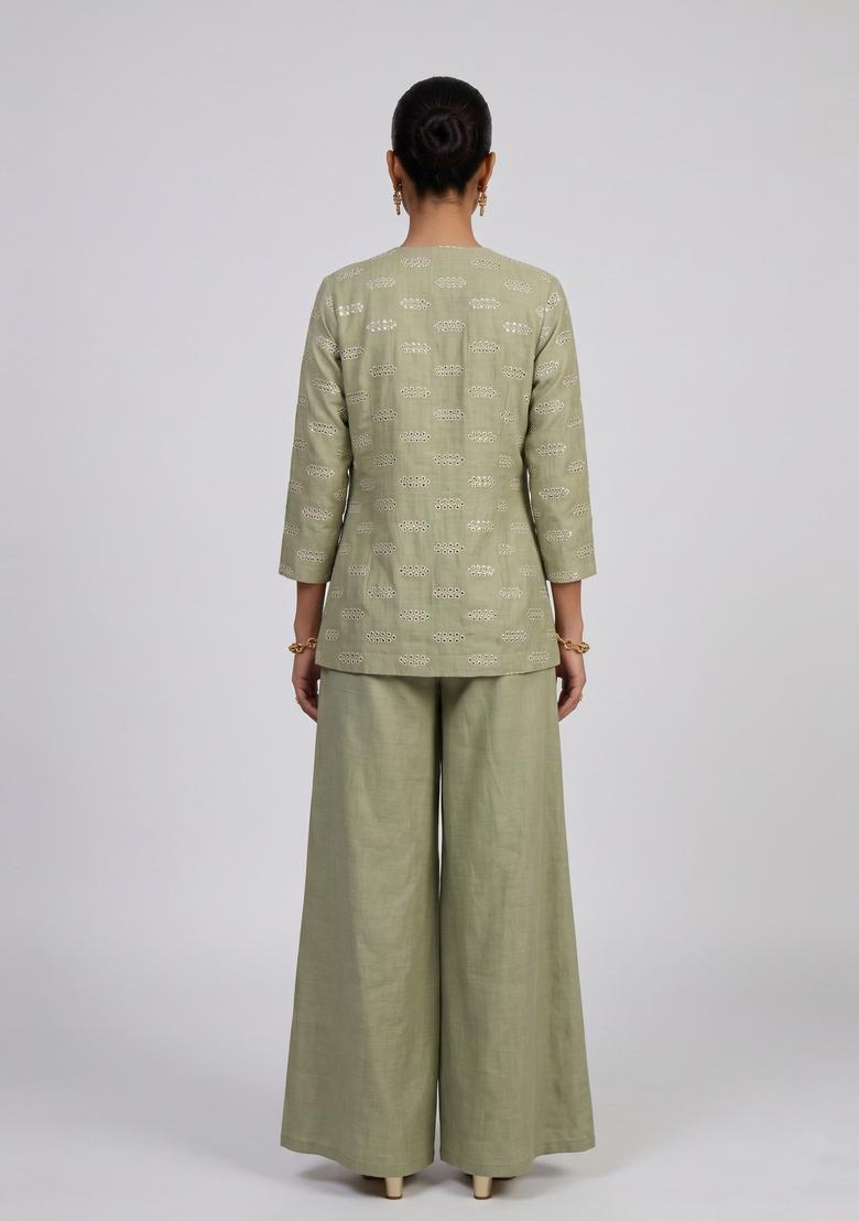 Sage Green Embroidered Silk Blend Fusion Set - Indya