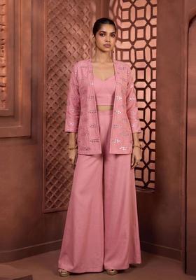 Pastel Pink Embroidered Silk Blend Fusion Set