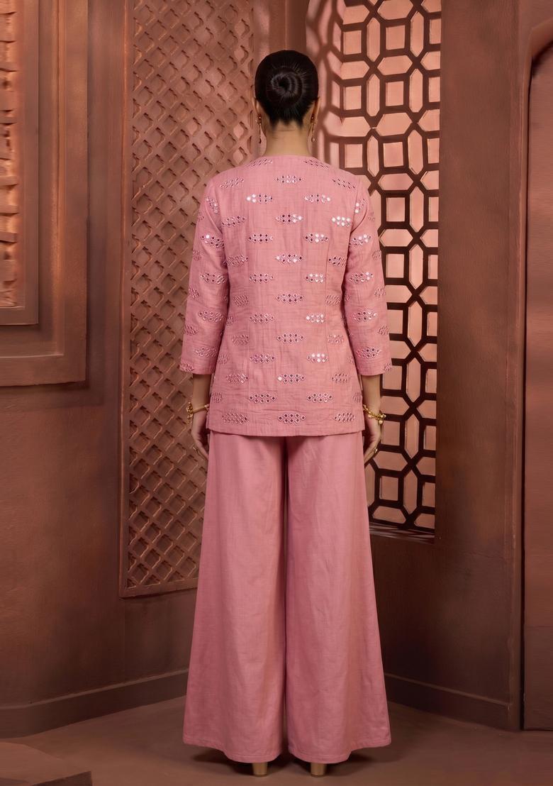 Pastel Pink Embroidered Silk Blend Fusion Set - Indya