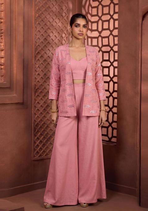 Pastel Pink Embroidered Silk Blend Fusion Set