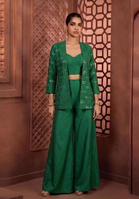 Emerald Green Embroidered Silk Blend Fusion Set