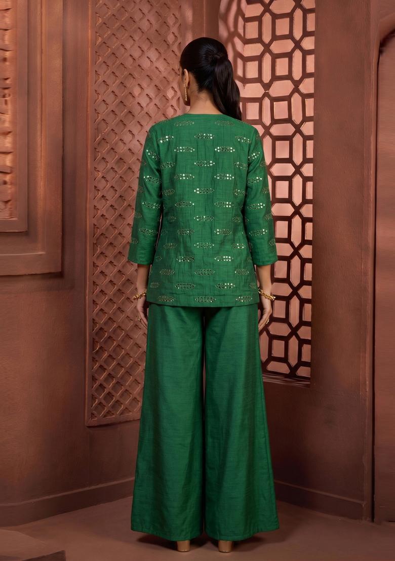 Emerald Green Embroidered Silk Blend Fusion Set - Indya