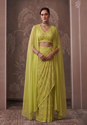 Lime Green Embroidered Georgette Pre Draped Saree Set