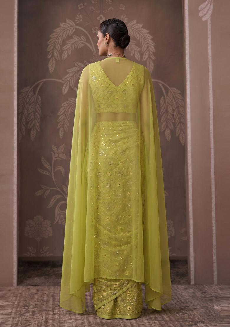 Lime Green Embroidered Georgette Pre Draped Saree Set - Indya