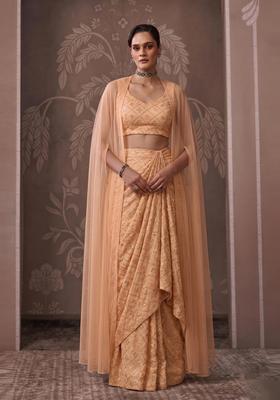 Peach Embroidered Georgette Pre Draped Saree Set