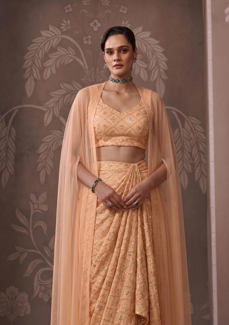 Peach Embroidered Georgette Pre Draped Saree Set - Indya