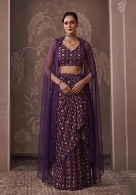Dark Purple Embroidered Georgette Pre Draped Saree Set