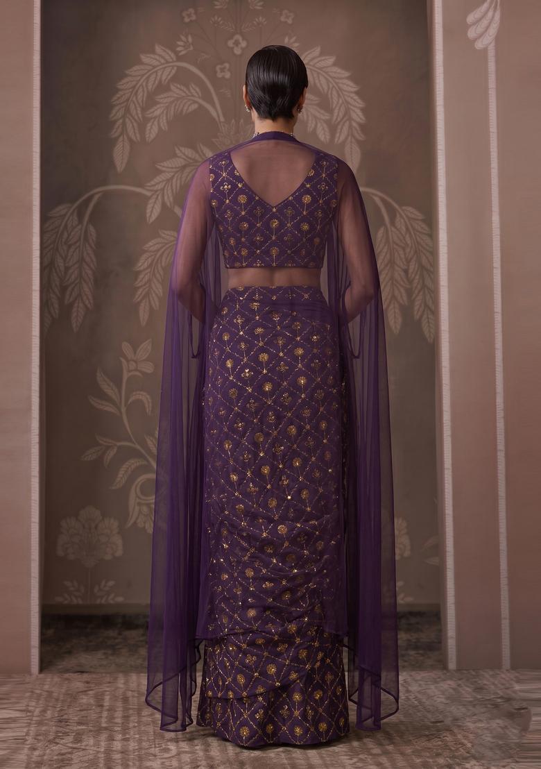 Dark Purple Embroidered Georgette Pre Draped Saree Set - Indya