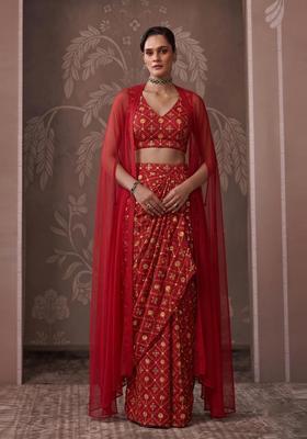 Red Embroidered Georgette Pre Draped Saree Set