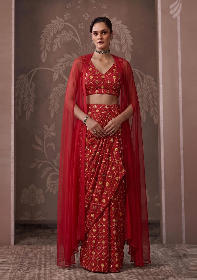 Red Embroidered Georgette Pre Draped Saree Set - Indya