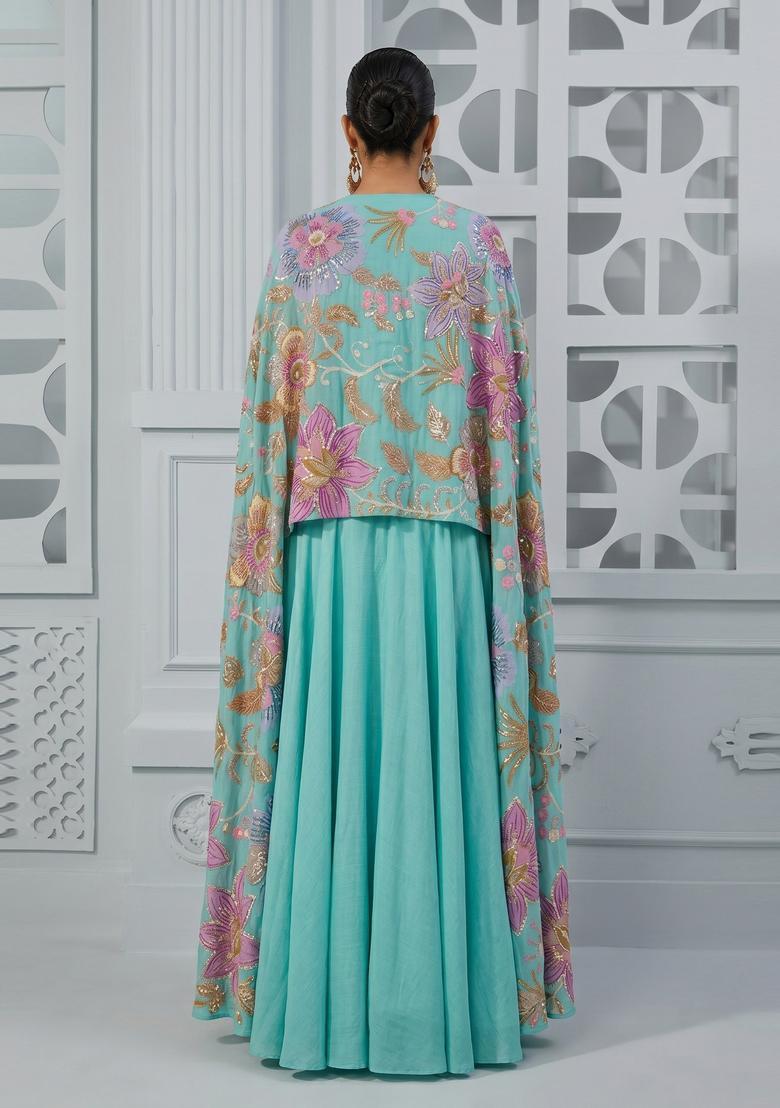 Turquoise Printed Organza Lehenga Set - Indya