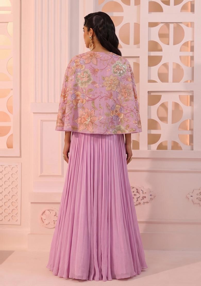 Lavender Printed Organza Lehenga Set - Indya