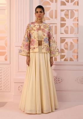Cream Printed Organza Lehenga Set