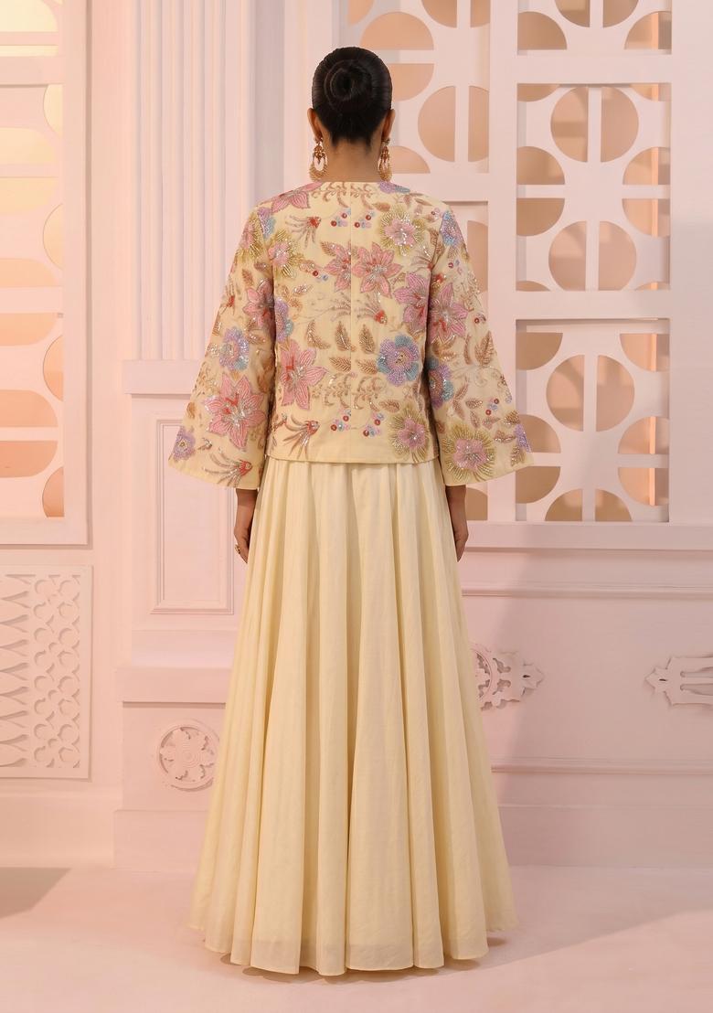 Cream Printed Organza Lehenga Set - Indya