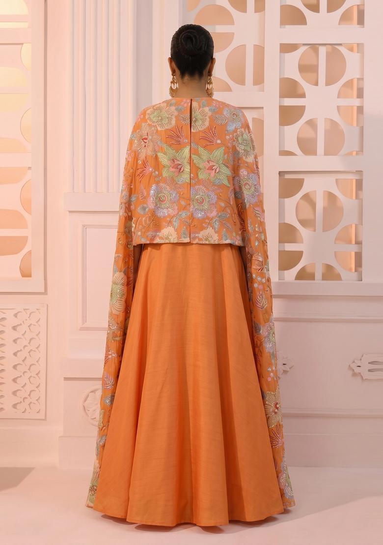 Bright Orange Printed Organza Lehenga Set - Indya